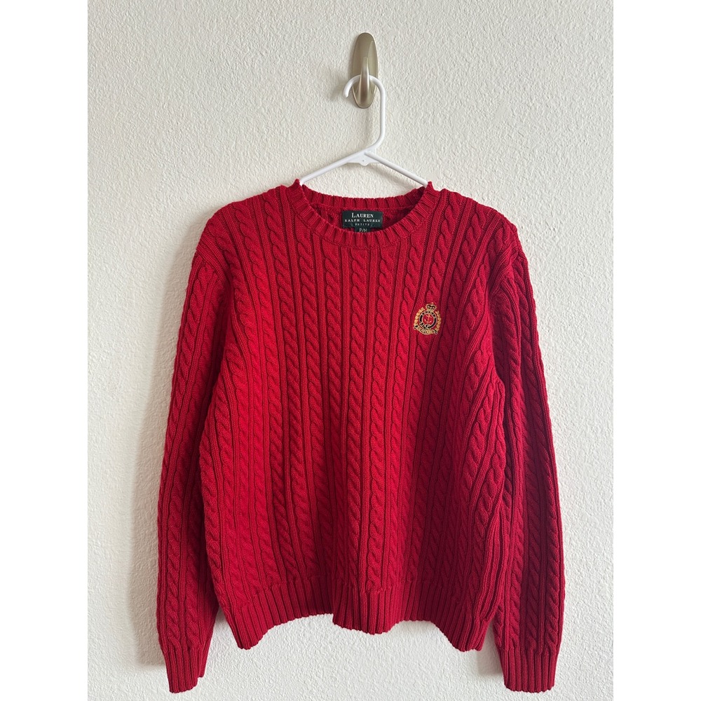 Lauren Ralph Lauren Red Cable Knit Crest Logo Sweater Petite M Old Money Preppy
